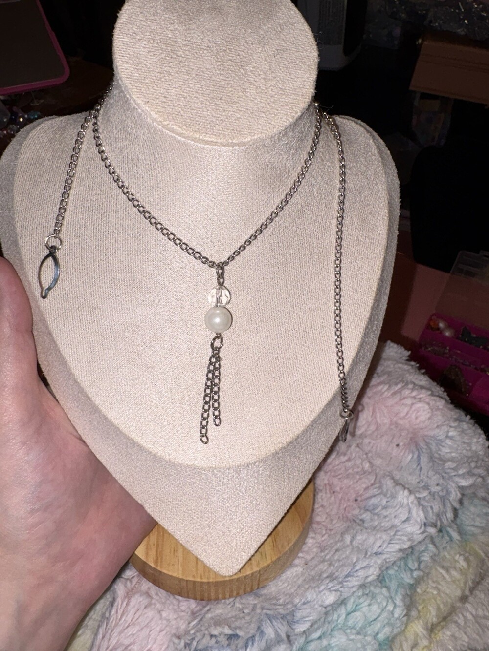 Silver Tone Button Loop Sweater Necklace Pearl Crystal Chain Tassel